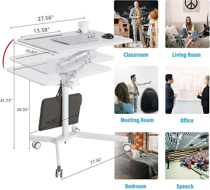 Lipo Mobile Sit Stand Desk - Height Adjustable Standing Laptop Desk Cart Rolling Couch Table on Wheels White Workstation with Gas Spring Riser for Home Office Classroom - Image 2