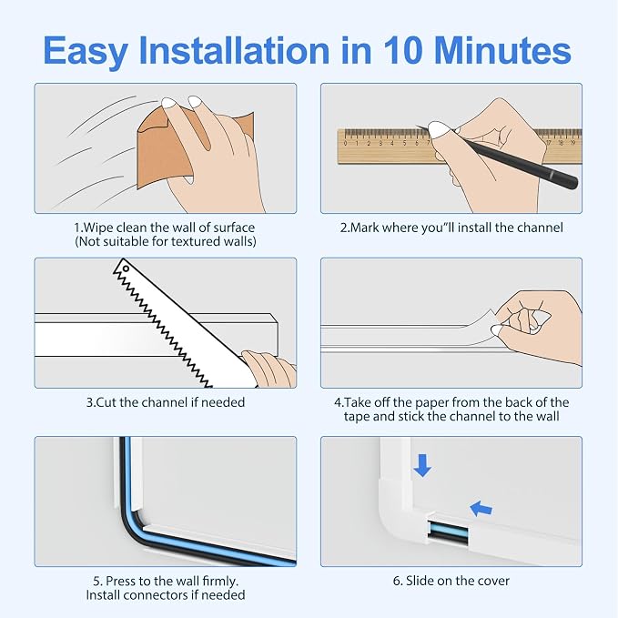 Yecaye Cord Covers for Wires on Wall, 113in, W0.95in H0.55in, White | TV Cord Hider, Medium Cord Organizer for 2-3 Wires, Cable Management Kit, Easy Install - Image 6