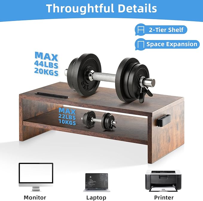 Marbrasse Wood Monitor Stand Riser, Computer Printer Shelf Stand，Vintage | 2 Tier Laptop Computer Screen Storage, Desktop Stand with Phone Holder and Cable Management - Image 4