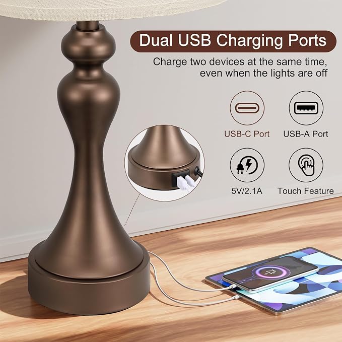 Touch Lamps for Nightstand, 3 Way Dimmable Bedside Lamps with USB C+A Ports | Touch Control, LED Bulb Included, Small Brown Table Lamp for Bedroom, Night Stands, End Table, Gift，Corded，Oat Shade - Image 4