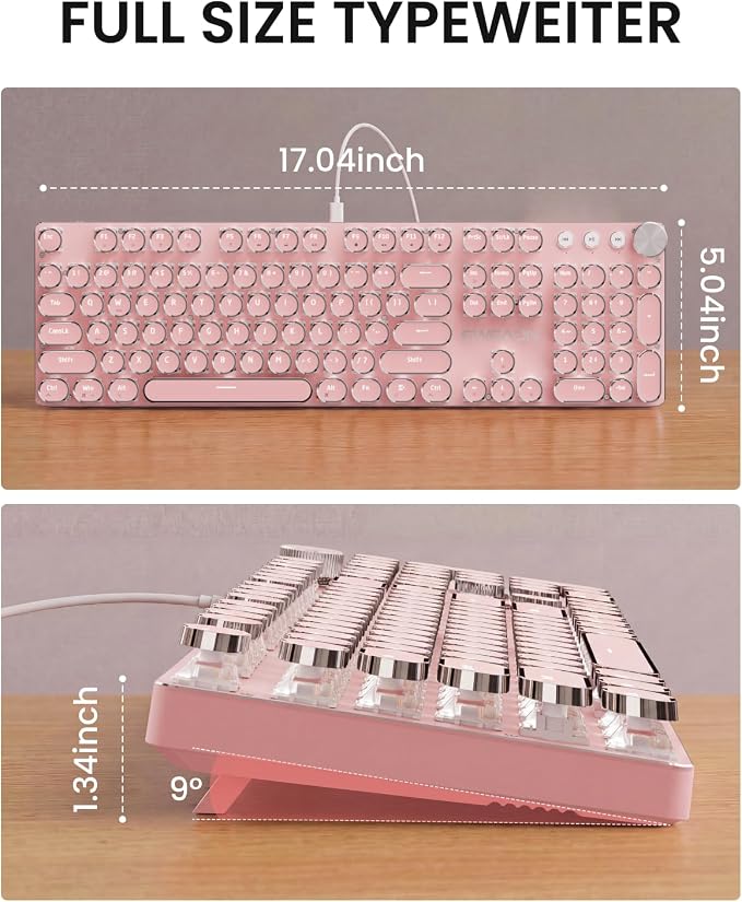 EWEADN Wired Typewriter Mechanical Keyboard, Low Noise White Switch Retro Punk Keyboard with Media Knob, White Backlit, Metal Panel, 104-Key Round Keycaps Cute Keyboard for Windows PC - Pink - Image 9