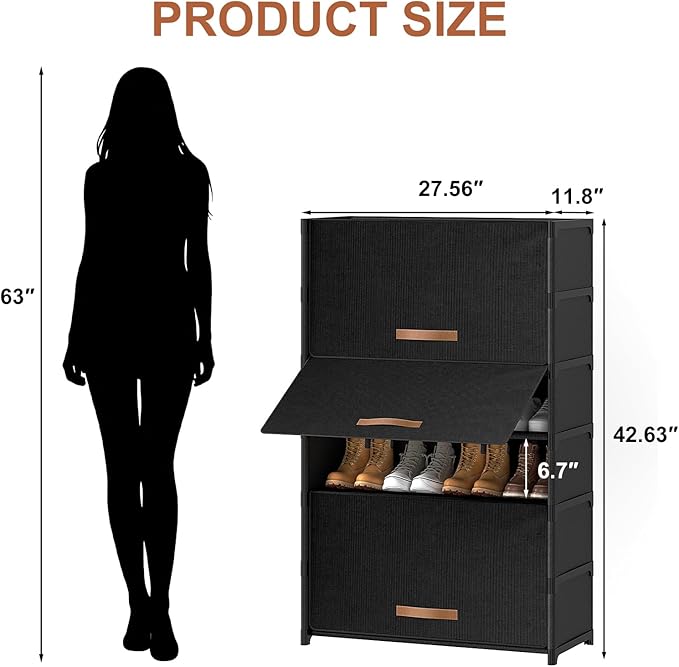 7 Tier Shoe Cabinet with Door, 28-Pair Storage, Black | Tall Design Saves Floor Space, Door Blocks Dust & Pets, Holds Heels to Boots, Quick Assembly with Connectors - Image 3