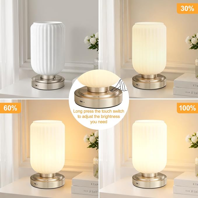LightRound Cordless Table Lamp for Bedroom, Touch Stepless Dimmable | 7500mAh Rechargeable Battery, White Glass Shade, Nickel Gold Base, Bulb Included, Modern Wireless Lamp for Desk, Living Room - Image 3