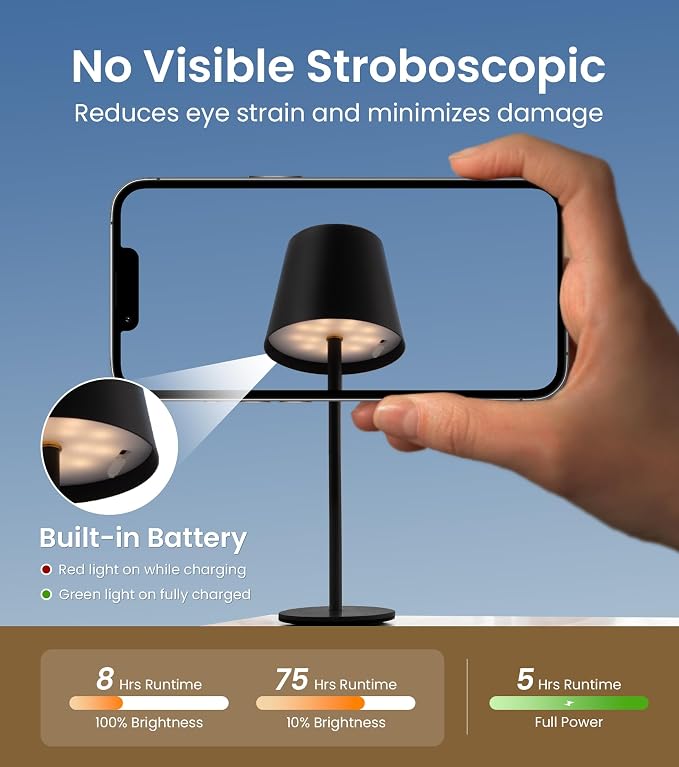 3 Pack Cordless Table Lamp, Portable Battery Operated Lamp with 3 Color Temps and Stepless Dimming, Rechargeable Table Lamp for Dinner, Desk, Cafe, Outdoor (Black) - Image 5