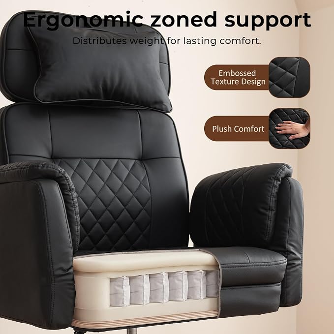 Big and Tall Ergonomic Office Chair, Criss Cross Desk Chair with Pivot Arms | High Back Executive Leather Chair with Spring Seat, Wide Computer Gaming Chair for Home, Makeup & Bedroom, Black, 49.6”H×22”W - Image 5
