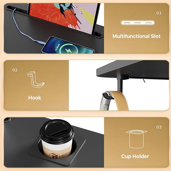 28 inch Mobile Laptop Desk, Portable Sit Stand Cart with Wheels | Small Standing Desk with Cup Holder, Rolling Computer Workstation Height Adjustable with Hook on 4 Lockable Casters, Black - Image 4