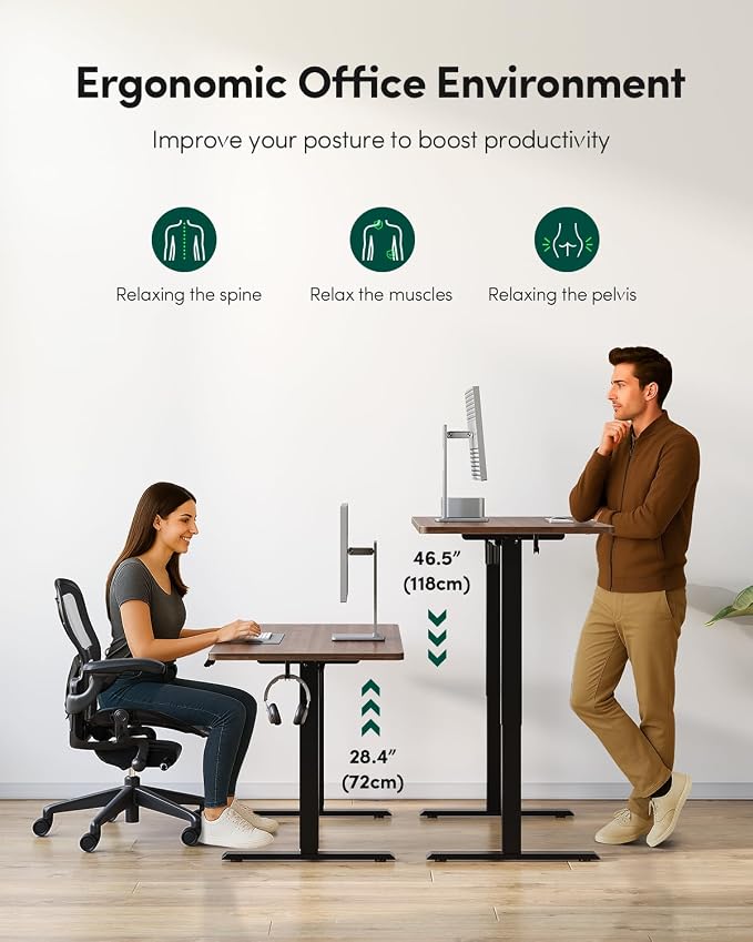 CubiCubi 48 x 24 One-Piece Electric Adjustable Standing Desk, Black Walnut | Height Adjustable Electric Large Computer Home Office Sit Stand up Workstation, with Memory Presets, Headphone Hook - Image 8