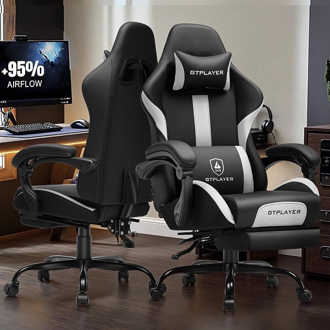 GTPLAYER Gaming Chair with Pocket Spring Cushion, Leather Office Chair with Ergonomic High Back & Lumbar Support for Back Pain Relief, Computer Game Chair for Adults, White/Black - Image 2