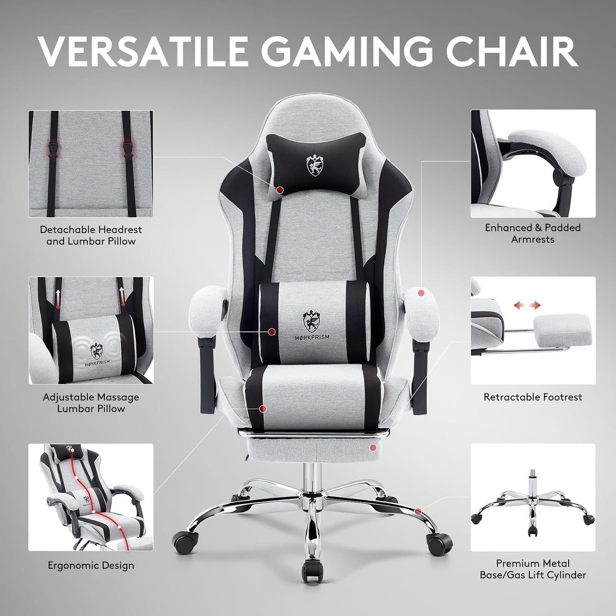 Gaming Chair,Office Chair with Massage,Gel Pad,Grey Black - Image 7