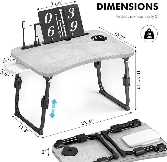 Lap Desk for Bed Adjustable Height, Foldable Bed Table with Storage Drawer, Tablet Slot & Cup Holder, Portable Laptop Stand for Bed & Sofa, Bed Desk for Adults & Kids, Light Stone Color - Image 2
