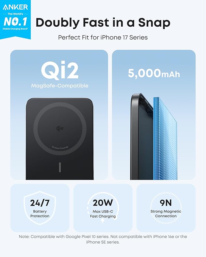 Anker Nano Magnetic Power Bank, 5,000mAh Qi2-Certified 15W Portable Charger | Ultra-Slim Wireless Battery Pack with Ergonomic Design, Compact for Travel, for iPhone 17 / 16 Series and More - Image 2