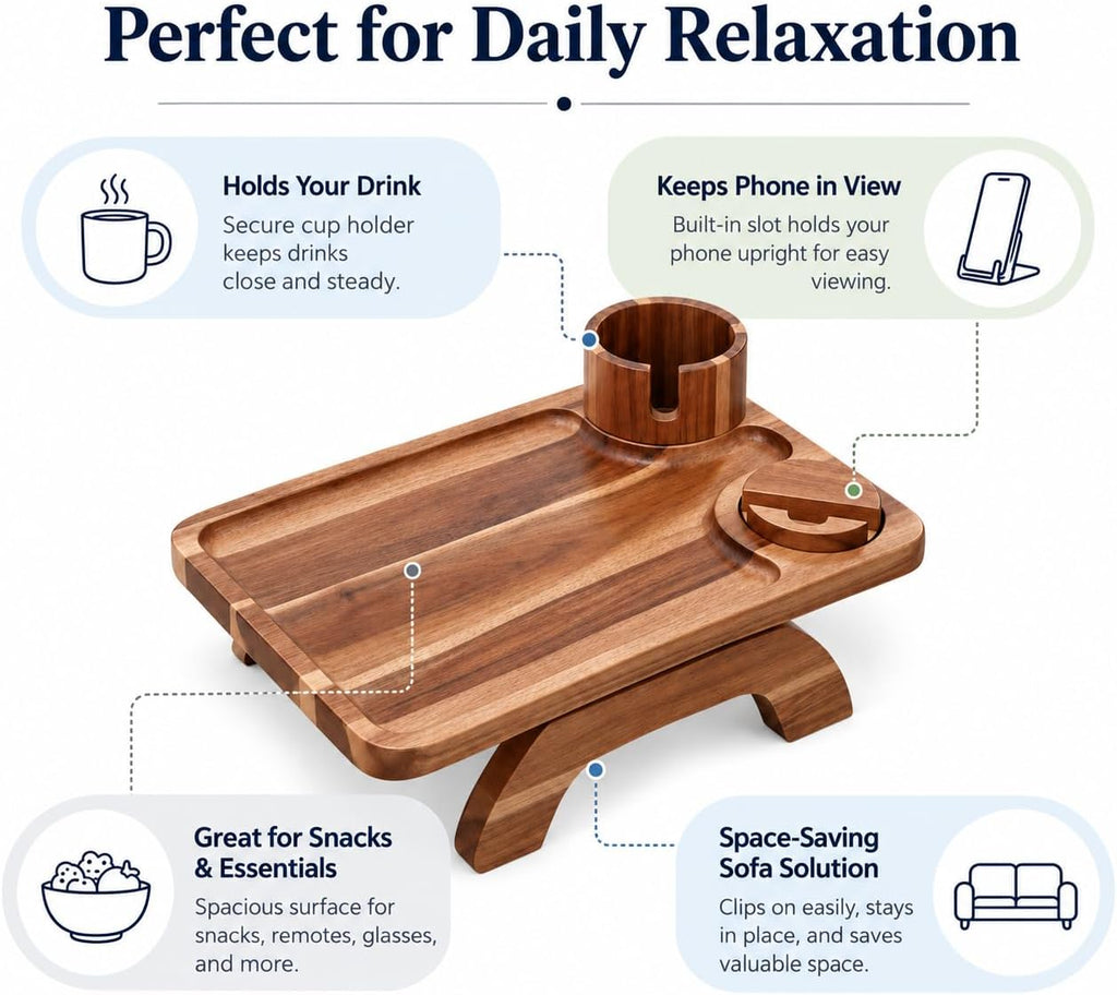 Couch Cup Holder Tray, Large 3-in-1 Acacia Wood Sofa Arm Rest Tray with Cup Holder & 360° Rotating Phone Stand, 15.36 × 9.85 Inches - Image 4