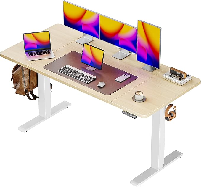 Huuger 55 x 28 Large Electric Standing Desk, Height Adjustable Desk, 27.6" Deep Desktop, Stand up Gaming Computer Office Desk with 2 Hooks, 3 Preset Heights, for Home Office, Maple, ACD134Q by Huuger