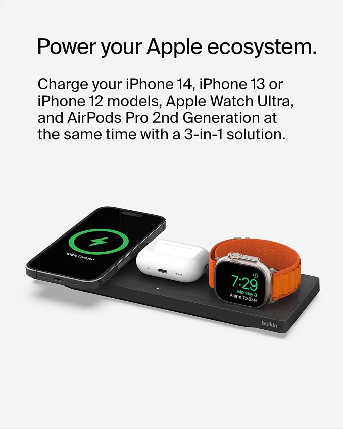 Belkin MagSafe 3 in 1 Wireless Charging Pad, Fast Charging Station | Apple Watch, iPhone 17/16/15/14 Series, AirPods compatible, multi-device MagSafe charging station, Magnetic - Image 4
