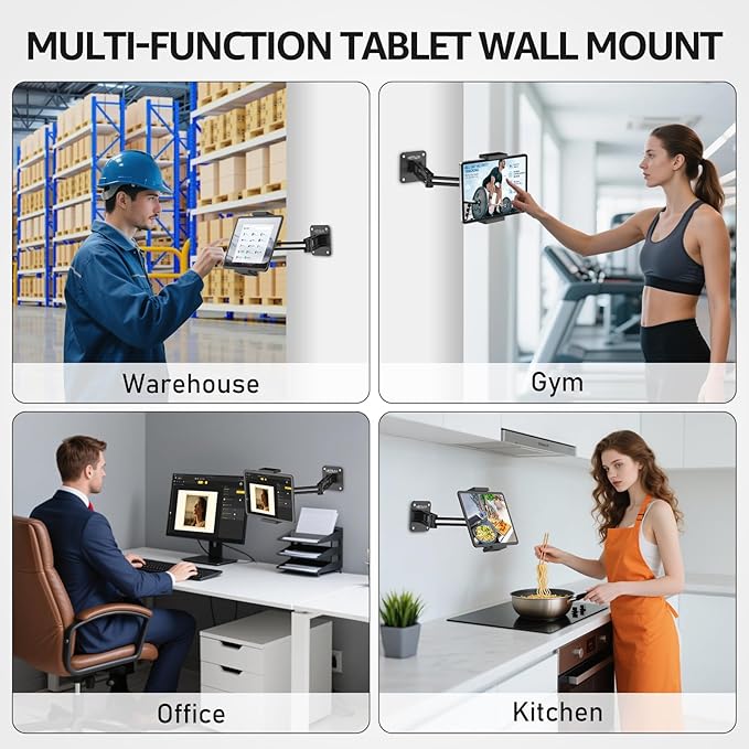 Dual Arm Tablet Wall Mount Ipad Holder, 4.7-13" | 360° Rotation Adjustable, Aluminum Extendable Arm, For iPad mini/Air/Pro/Galaxy Tab/Kindle, Kitchen Home Office - Image 3