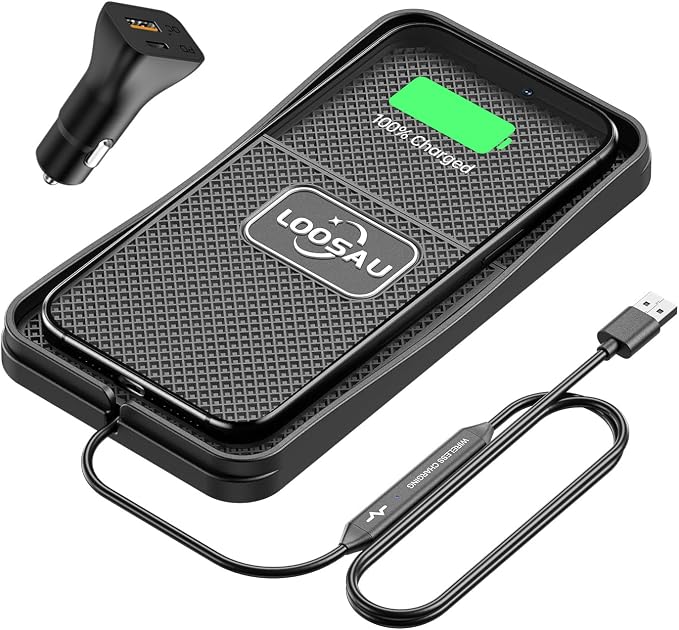 Wireless Car Phone Charger 15w Fast Chargers Charging pad Non Slip | Car Wireless Phone Charger for iPhone 17/16/15/14/13/12 Pro Max, for Samsung Galaxy S23 S22 S20 (1M Cable) by LOOSAU