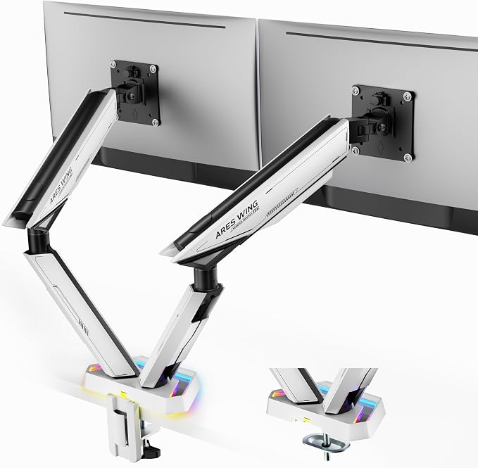 ARES WING RGB Dual Monitor Arm Desk Mount for 17-38 inch Monitors, White | Heavy Duty Dual Monitor Stand Holds 35.2 lbs, Adjustable Ultrawide Monitor Arm with Clamp & Grommet Base, 75/100 VESA by ARESWING
