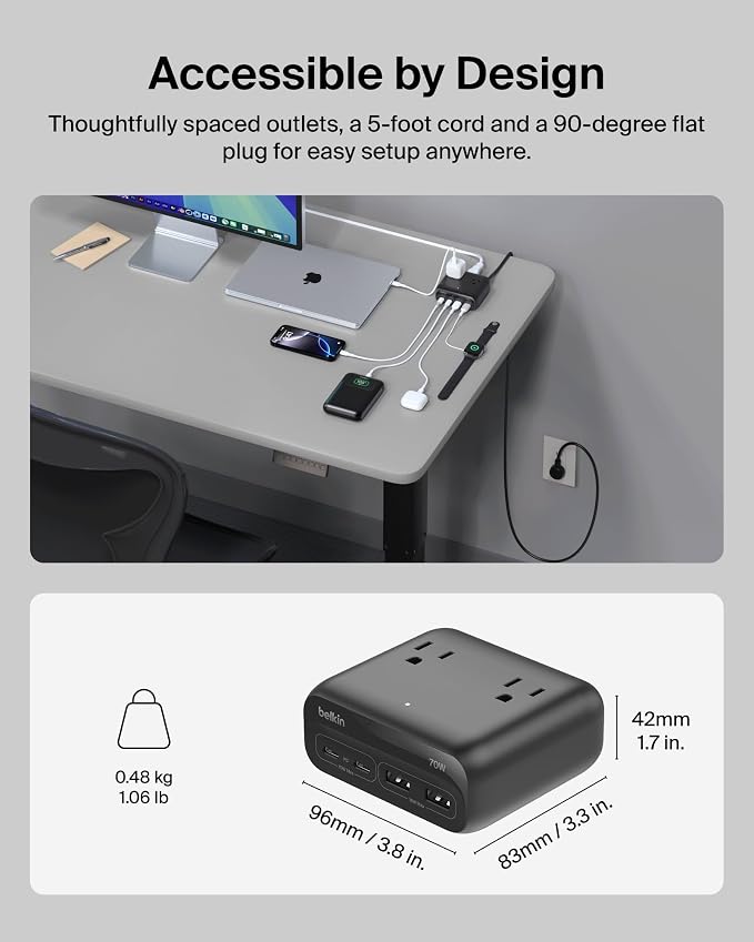 Belkin 70W GaN 7 in 1 Charging Station, 3X AC, 2X USB A, & 2X USB C Ports | Power strip, dual USB-C charger, iPhone 17/16/15, Apple Watch, iPad, MacBook, Samsung Galaxy S26, Pixel 10 - Image 5