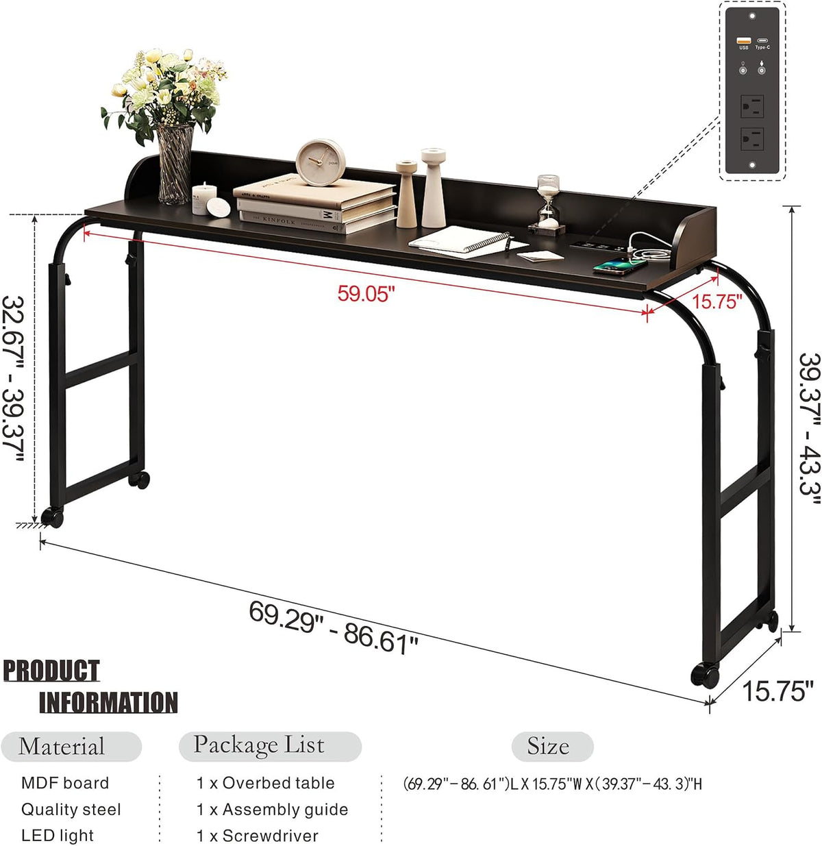 HWB Over Bed Desk with LED Light, Wheels & Charging Station, Black - Image 2