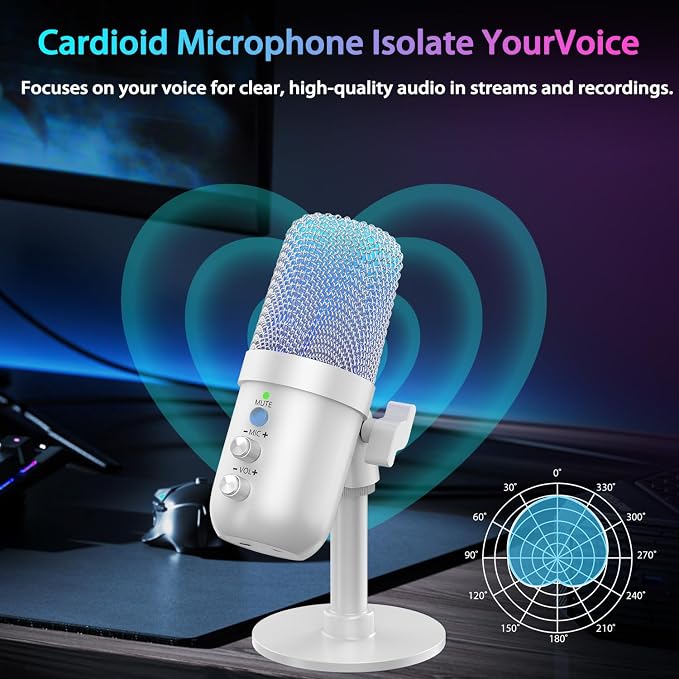 USB Microphone, Computer Condenser Mic with Noise Cancellation, Echo Mode, RGB Lighting, Mute Button, Plug & Play Gaming Mic for PC, Mac, PS5, Streaming, Recording, Podcasting & Online Meetings White - Image 6