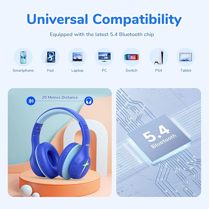 EarFun K4 Kids Bluetooth Headphones, Wireless Headphones with Lights, Blue | 74/85/94dBA Volume Limited, Built-in Mic, 90H Playtime, Stereo Sound Bluetooth 5.4 Over Ear Headphone for iPad/Tablet/School - Image 8