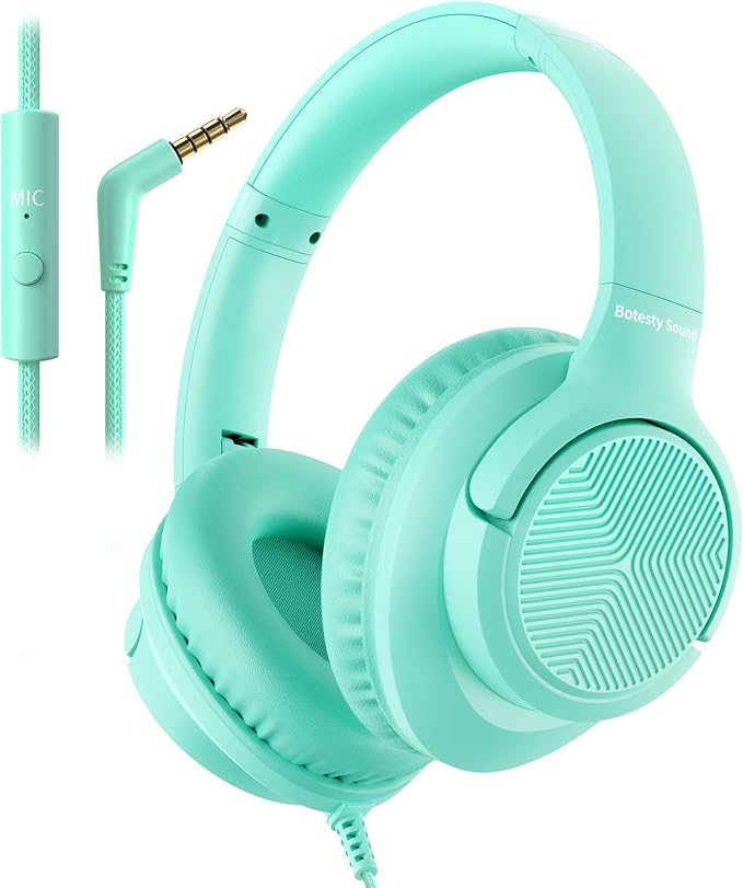 Botesty Sound Headphones Wired with Microphone, Over Ear Foldable 3.5mm Plug in Headphones Corded with 4.9ft Tangle-Free Nylon Cord for Tablet, Laptop, MP3/4, School, Airplane Travel (Green) by BotestySound