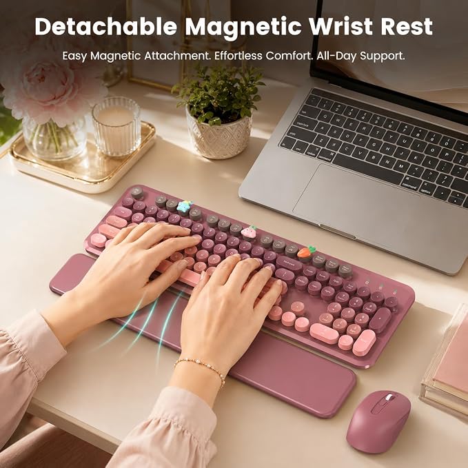 Wireless Keyboard and Mouse Combo, Round Keycaps, Full-Size Retro Typewriter Keyboard with Magnetic Wrist Rest, Tilt Legs, 2.4GHz Cordless for Mac, Windows PC, Laptop, SABLUTE CK23, Dusty Rose Ombre - Image 2
