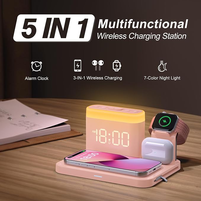 ANJANK 5 in 1 Wireless Charging Station with Alarm Clock,7 Night Light & 0-100% Dimmer,Qi Mag-Safe Charger Stand for Apple Devices - for iPhone 17 16 15 14 13 12 Pro Max Plus Air,Apple Watch,Airpods - Image 2