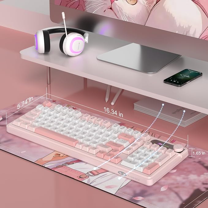 MageGee GK960 Wireless Keyboard, 98 Keys Tri-Mode BT/2.4G/Wired Membrane Gaming Keyboard, RGB Creamy Keyboard with Number Pad, Knob Control, 4000mAh Battery - Sakura Pink - Image 7