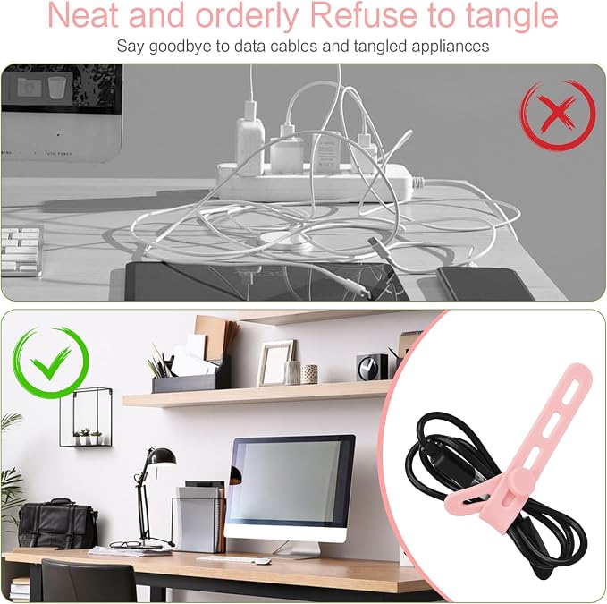 Donruby 24Pcs Silicone Cable Ties, Reusable Cord Organizer Straps, Pink | Adjustable, Multipurpose, 5.12" High-Elasticity Cord Wraps for Bundling Electronics, Home Office Travel Essentials - Image 7