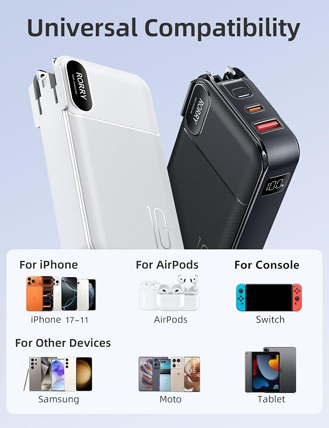 RORRY Portable Charger w/Wall Plug 10000mAh Power Bank 22.5W Battery Pack | Built in Cables, Fast Charging, for iPhone, iPad, Samsung Galaxy, Pixel, LG, Travel Essential, Digital Display, Pocket Size - Image 6