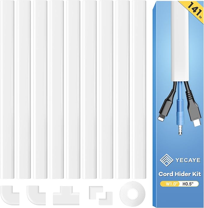 141in Cord Hdier for Wall, Paintable Wire Covers for 2 Cords TV on Wall, Medium Cable Management Kit, Cable Hiding for Wall White, W0.95in H0.47in by Yecaye