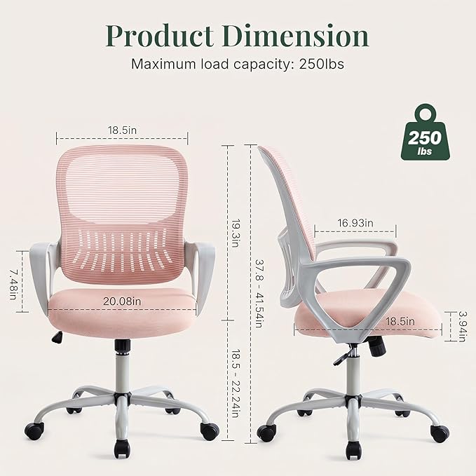 Home Office Desk Chair, Lumbar Support, Mesh Back Computer Chair | Height Adjustable, Mesh Mid-Back, Ergonomic Task Gaming Chair with 360° Swivel Wheels, Lumbar Support, Pink - Image 2