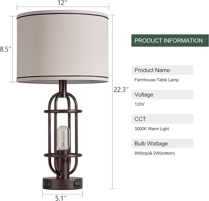 Reaketon Living Room Lamps Set of 2, 22.3" Farmhouse Table Lamp for Bedroom, Vintage Lamps for Night Stands with USB Ports, Oil Rubbed Bronze - Image 8