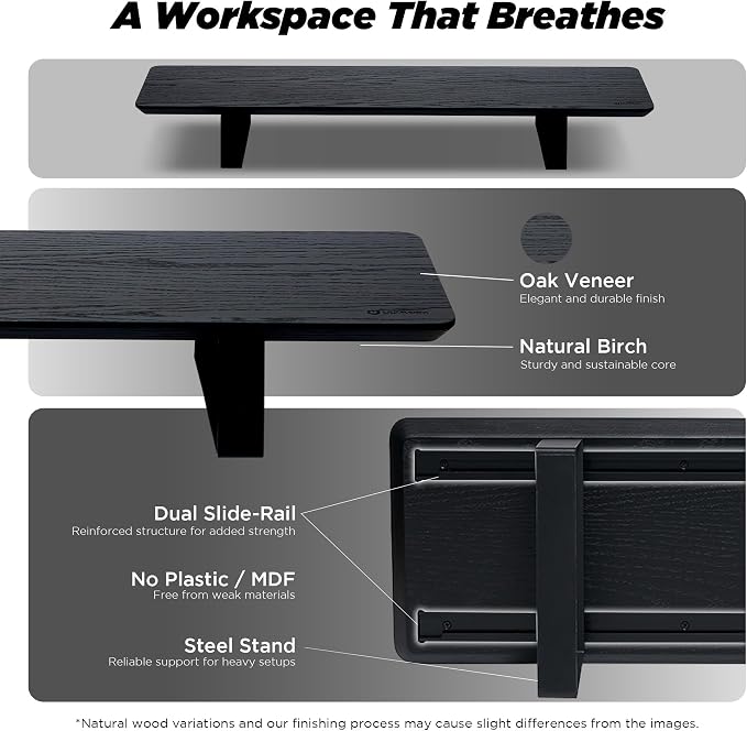 Moodular Wooden Monitor Stand Desk Organizer, Standard 33.4" Black | Customizable Organized Workspace, Aluminum Slide Rails, 10 Add-Ons Sold Separately: Storage Drawer, Tablet, Phone & More - Image 3