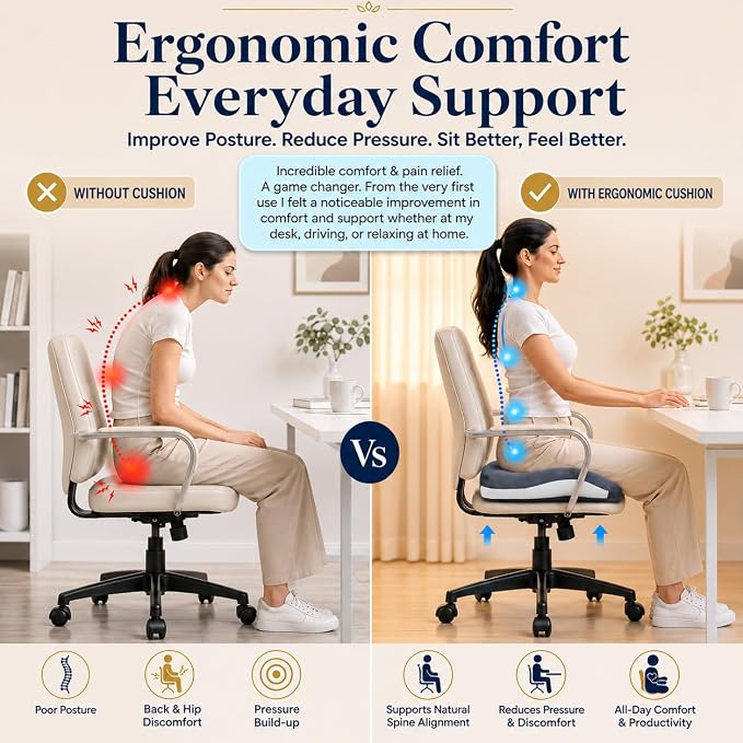 Seat Cushions for Office Chairs Wheelchair Cushion for Long Sitting Back Pain，Memory Foam Seat Car Computer Desk Chair Cushion，Coccyx Cushion for Tailbone Pain Relief Cushion Office Chair Butt Pillow | Suitable for prolonged sitting, relieves tailbone ... - Image 8