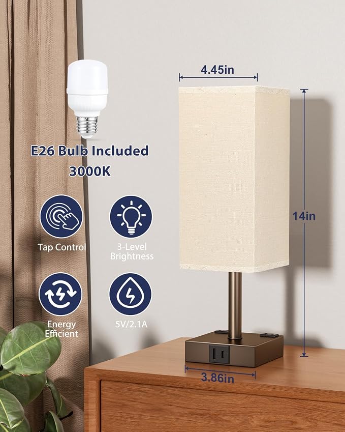 Brown Touch Table Lamp for Bedroom - Dimmable, USB C+A, 2 AC Outlets | 3-Way Dimming, 3000K Bulb Included, Square Brown Lampshade and Black Base, Desk Lamp for Nightstand, Living Room, Dorm - Image 5