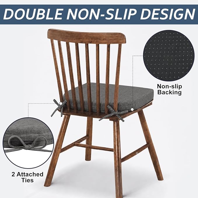 Basic Beyond Chair Cushions for Dining Chairs with Ties and Removable Cover, 2" Thick Seat Cushions for Kitchen Chairs, Set of 4, 17" x 16", Dark Grey - Image 3
