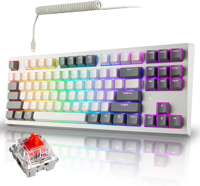 TECWARE Phantom+ Elite 87 Key RGB Mechanical Gaming Keyboard | 3 Mode Wireless Bluetooth 5.0 2.4GHz & USB C Wired | Hot Swappable 5 Pin | Double Shot PBT Keycaps | Wraith Red Switch - White by Tecware