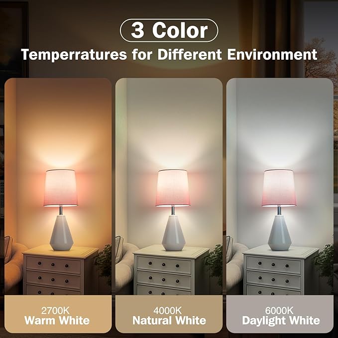 Small Bedside Table Lamp for Bedroom-Reading Desk Lamp Set of 2,with 3 Color Temperatures,15.5" Nightstand Ceramic Lamp with Fabric Shade for Kids Room,Living Room,Dorm,Home Office - Image 2