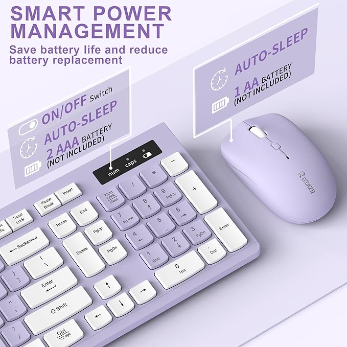 Wireless Keyboard and Mouse Combo Silent for Office and Home(Purple) | 2.4G Full Size Silent Cordless Keyboard with Tilt Legs,3-Level DPI Quiet Mouse,for Windows/Mac OS/Desktop/Laptop/PC - Image 5