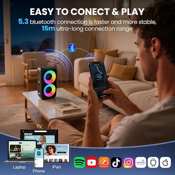 Bluetooth Speaker with 2 Wireless Microphones - Big Party Speaker for Adults Kids Karaoke with Lights - Portable Rechargeable Floorstanding Speakers Support TWS/AUX/USB/TF Card for Home Party Gift - Image 7