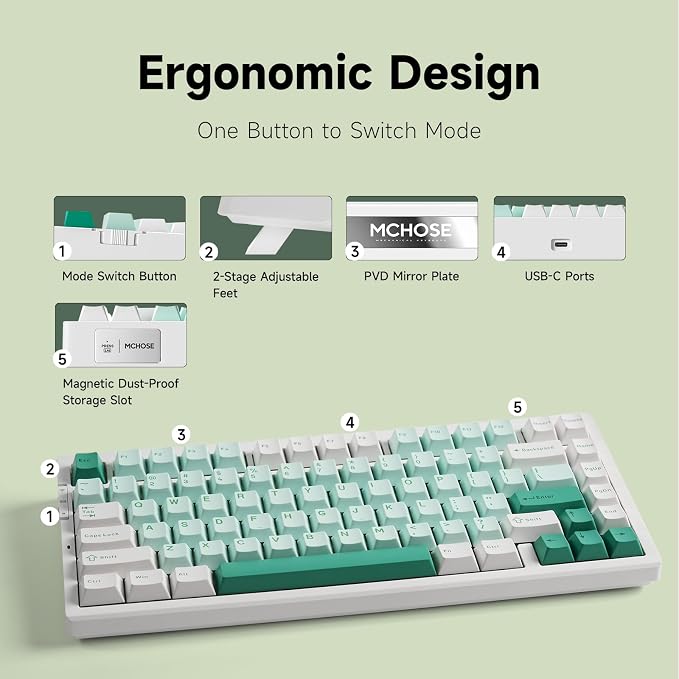 MCHOSE G75 PRO 75% Wireless Mechanical Keyboard, TKL Keyboards Tri-Mode BT5.0/2.4GHz/USB-C, Hot Swap Custom Creamy Keyboards Linear Switch, Double Shot PBT Keycaps RGB LED Backlit, White&Green - Image 8