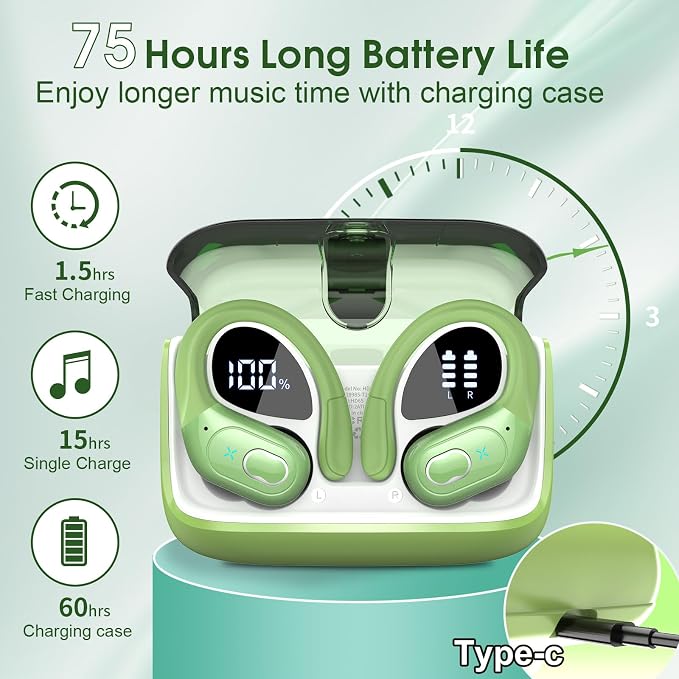 Wireless Earbuds 75H Bluetooth 5.4 Sport Headphones with Earhooks, Green | IPX7 Waterproof In-ear Buds Feature ENC Noise Cancelling Mic & Deep Bass. Stereo Sound Device for Gym Running Workout - Image 2