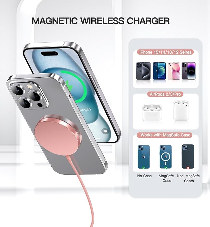 OANDYS Magnetic Wireless Charger 15W Fast Mag Safe Charger for Cell Phone 16 Pro Max/16 Pro/16 Plus/16/15/14/13/12 Series 2 Pack Charging Pad for AirPods 3/2/Pro 2/Pro Mag-Safe Original Replacement - Image 5