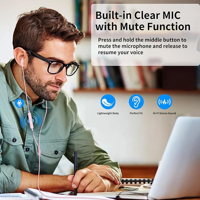 USB Earbuds for PC,Headphones with Microphone for Computer,Pink | Wired USB Headset with Mic Audio Control,Noise Isolating Stereo Laptop Earphones for Dell/HP/Surface PC Office Zoom Working - Image 5