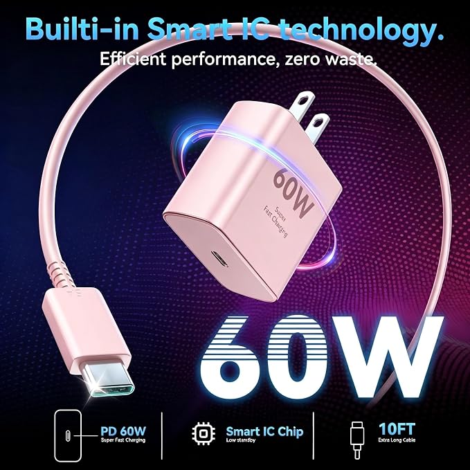 60W USB C Super Fast Charger Type C Android Phone Charger Fast Charging Block with 10ft USB-C to USB-C Cord Compatible with Samsung Galaxy S26 Ultra/S26/S26+/S25/S25 Ultra/S25+/S24, MacBook, iPad,pink - Image 3