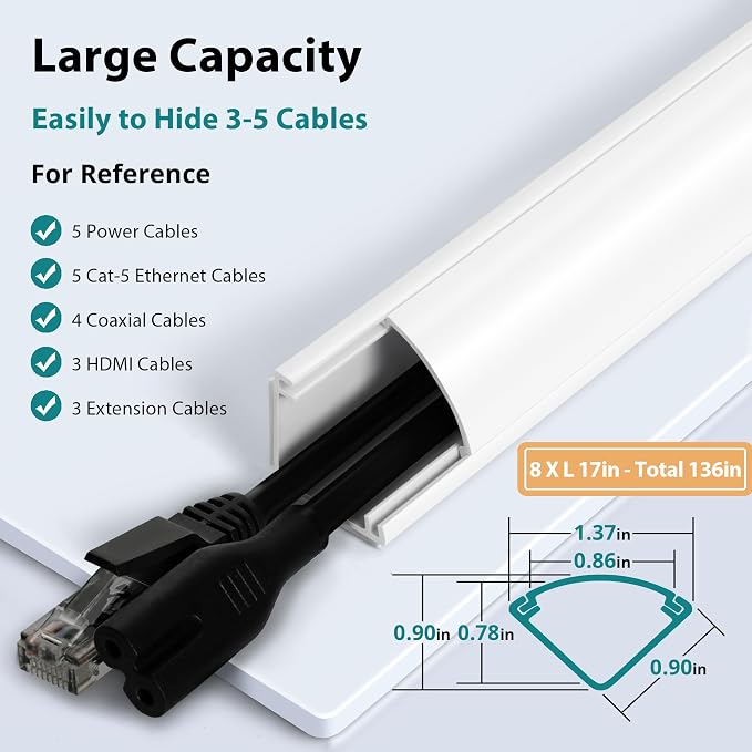 ZhiYo 136in Corner Cable Hider for 3-5 Cords, Wall & Floor Cord Hider White | Self-Adhesive Cable Concealer, 8 Pack (17" Each), Quarter Round Cable Management Raceway for Baseboards & Ceiling Corners - Image 2