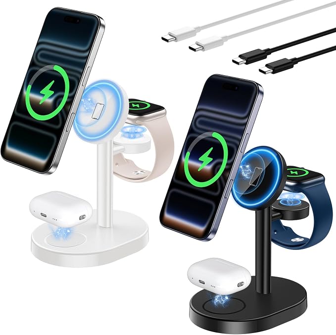 2026 3 in 1 Wireless Charging Station for Apple MagSafe Charger, 15W Fast Magnetic Mag-Safe Charger Stand for iPhone 17 16 15 14 13 12 Watch AirPods (Adaptor Not Included), 2 Pack Black&White by Hevanto