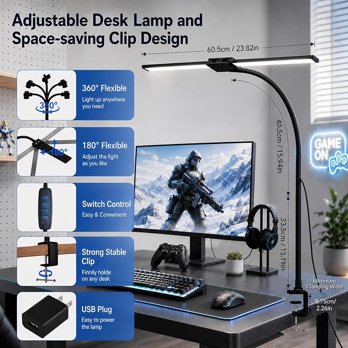 LED Desk Lamp for Home Office, Eye-Care Architect Light with Clamp, Double Head Computer Monitor Table Light with 3 Color Modes 10 Brightness, Adjustable for Reading, Study, Workbench, Black - Image 3